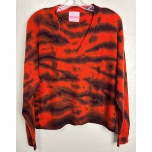 Crush Cashmere Orange Brown Tiger Stripe Animal Print V-Neck Sweater 2/XL 2333